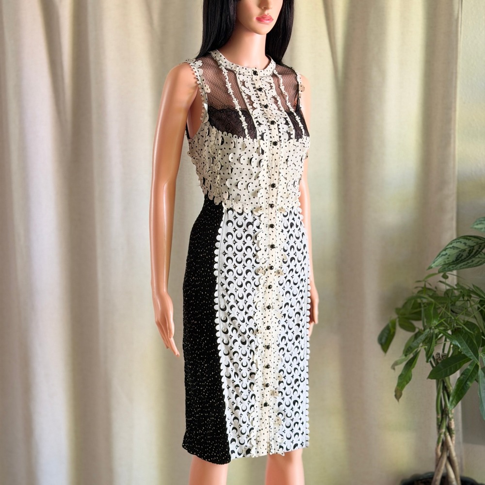 Beguile by Byron Lars Mixed Print Sheath Dress Black Cream Missing Two Buttons 4